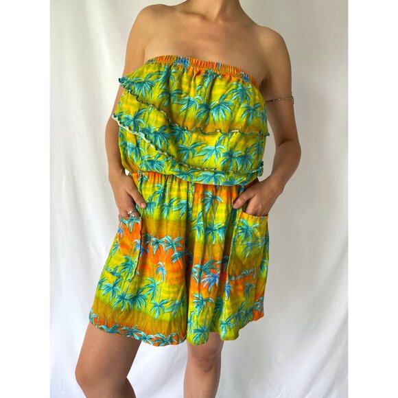 80s vintage green tropical beach print ruffle strapless romper shorts playsuit - Picture 3 of 10
